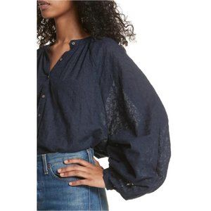 Free People Blue Down From The Clouds Embroidered Eyelet Cotton Peasant Blouse